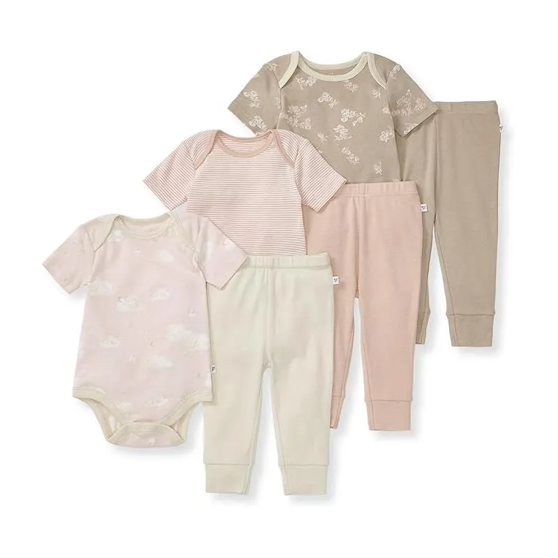 Burts Bees - 6Pk Baby Girl Organic Cotton Bodysuit & Pant Set, Ranunculus