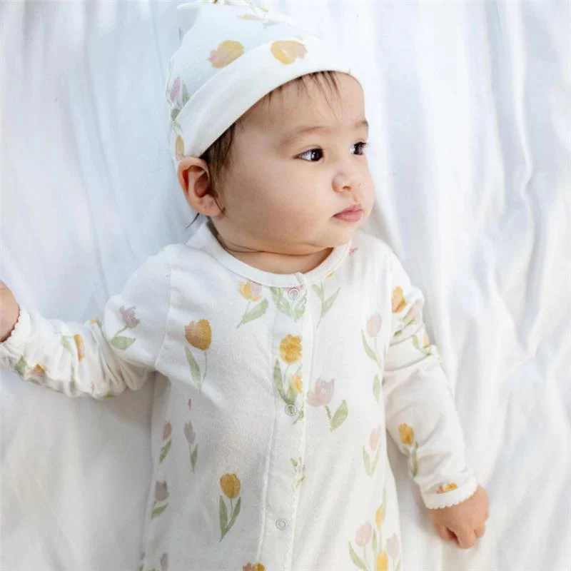 Burts Bees Tulip Fields Baby Girl Jumpsuit & Hat Set - Image 2