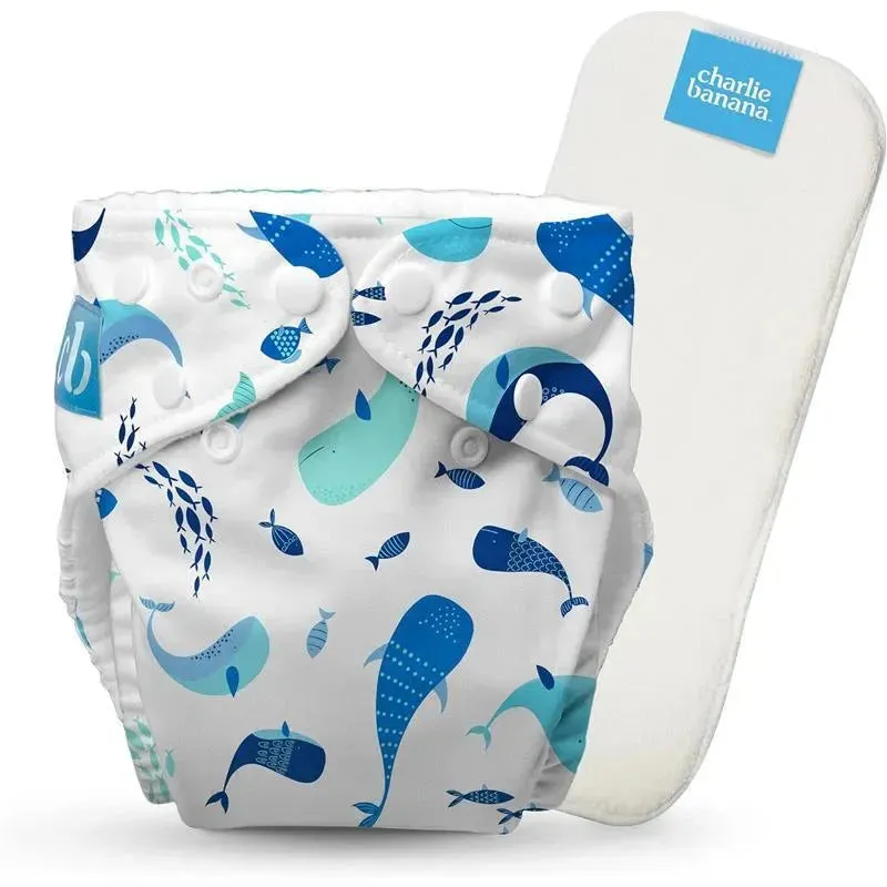 Charlie Banana - Reusable Washable Cloth Diaper, Adjustable One Size, The Whale on White