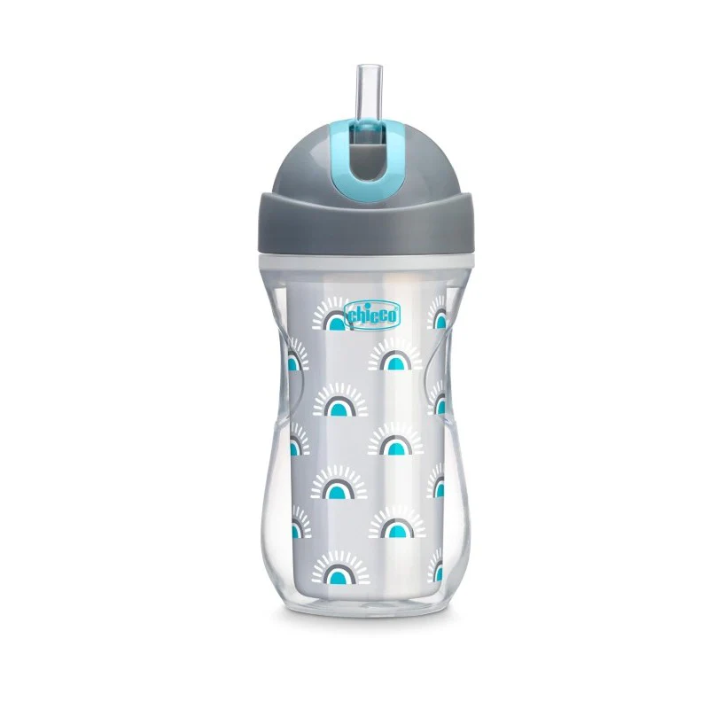 Chicco Insulated Flip-Top Straw Cup 9Oz, Silver/Blue Sunburst, 12M+ (1Pk)