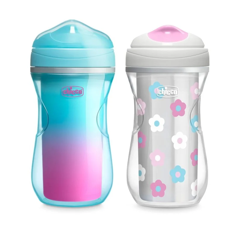 Chicco Insulated Rim Spout Trainer Sippy Cup 9Oz 12M+, 2PK, Teal/Pink/Floral