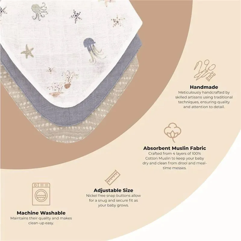 Crane Bedding - Cove 3-Pc. Muslin Bib Set, Ocean Life - Image 4