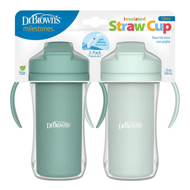 Dr. Brown 10 Oz Insulated Straw Cup, Green, 2Pk