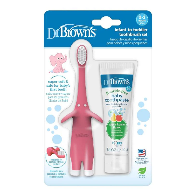 Dr. Brown Infant-To-Toddler Toothbrush, Pink Elephant, With Apple Pear Toothpaste