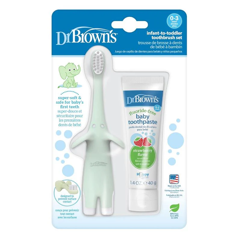 Dr. Brown’s Infant-to-Toddler Training Toothbrush Set, Mint Elephant with Fluoride-Free Strawberry Baby Toothpaste