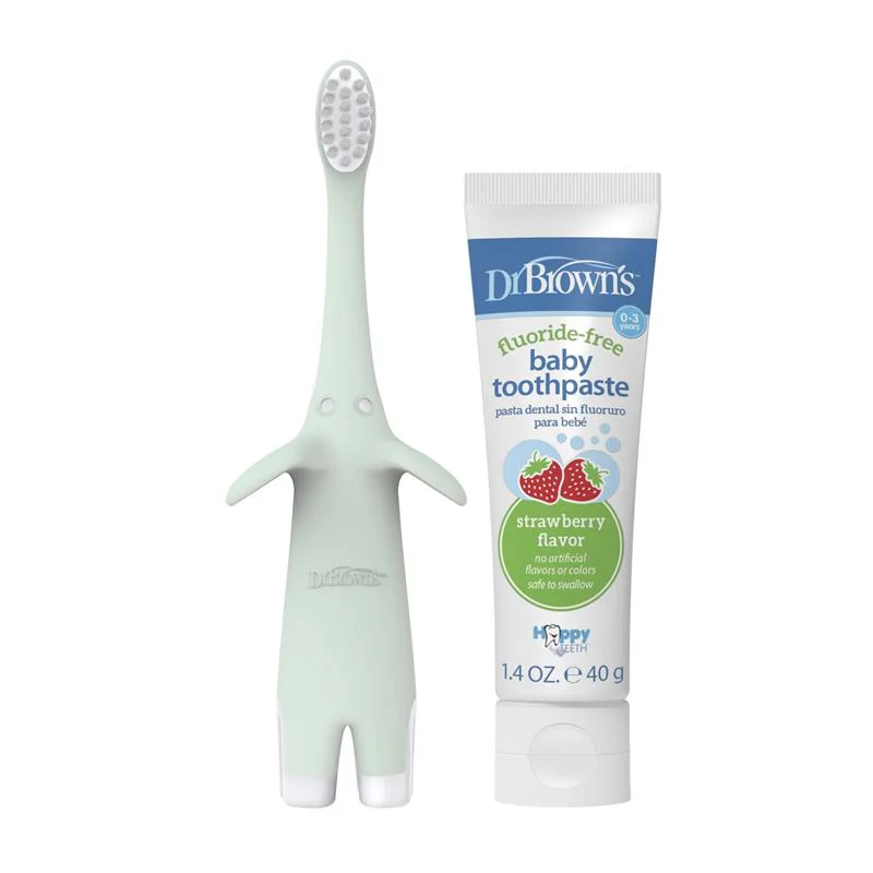 Dr. Brown’s Infant-to-Toddler Training Toothbrush Set, Mint Elephant with Fluoride-Free Strawberry Baby Toothpaste - Image 2