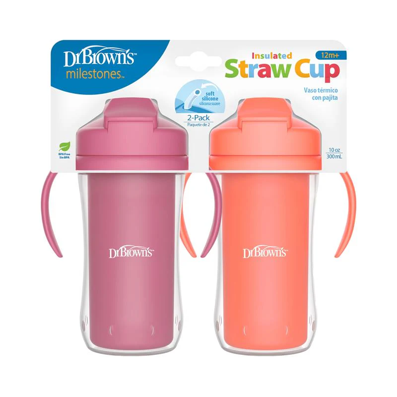 Dr. Brown's 2Pk Milestones Insulated Sippy Cup with Straw and Handles, Pink/Coral, 10 Oz/300 ml