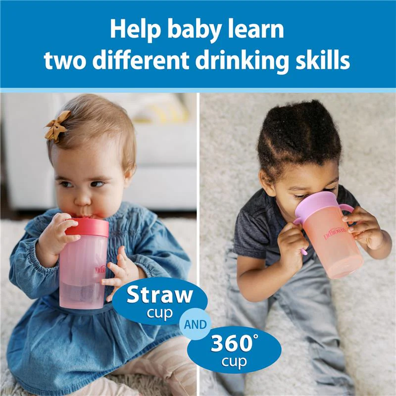 Dr. Brown's 2Pk Milestones Straw to 360 Convertible Toddler Training Cup Set with Interchangeable Silicone Straw and 360 Degree Cup Lids, Pink Cora - Image 2