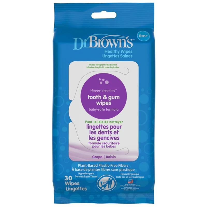 Dr. Brown - 30 Count Tooth & Gum Healthy Wipes, Fluoride-Free Oral Care For Babies, Grape Flavor