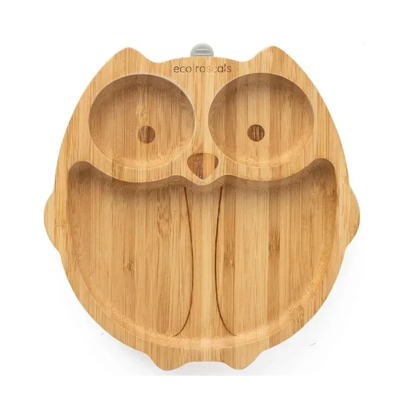Eco Rascals Bamboo Suction Plate With Three Sections Owl, Grey - Image 3