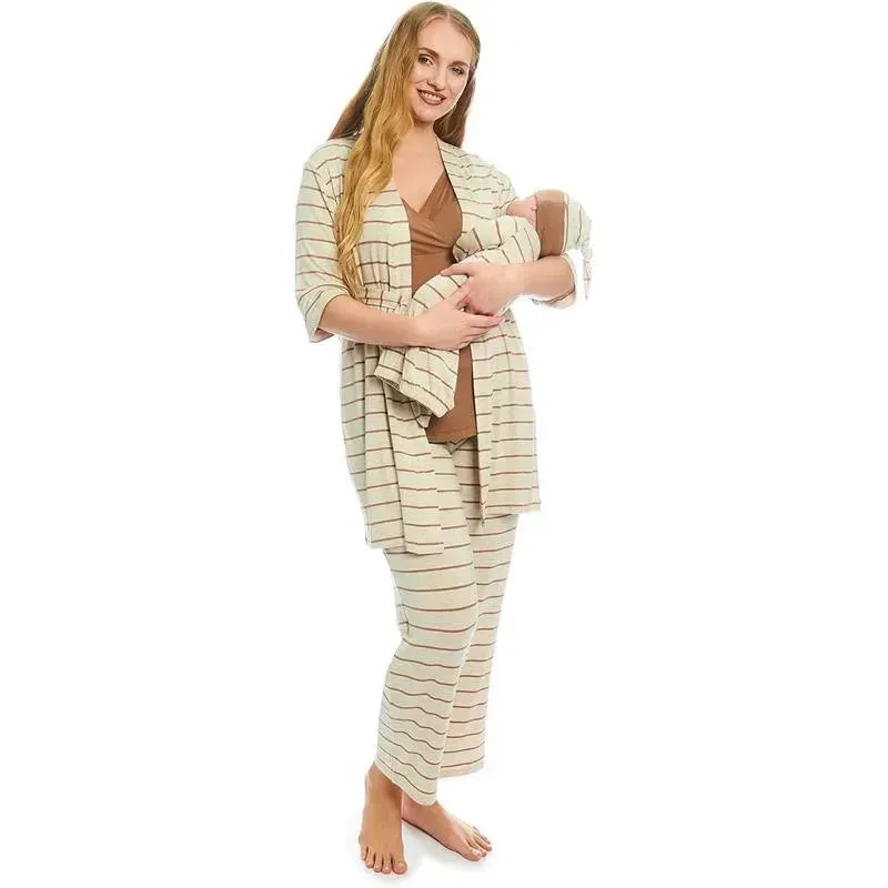 Everly Grey - Maternity and Nursing PJ Pant Set for Mom and Baby, Mocha Stripe, Small - Image 4