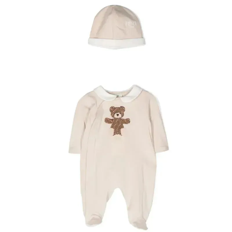 Fendi Baby - Footie With Allover Ff Bear Patch & Hat