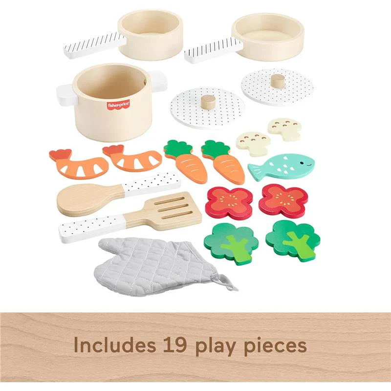 Fisher Price - Wood Kitchen Pretend Play Toy Pots & Pans Set - Image 4