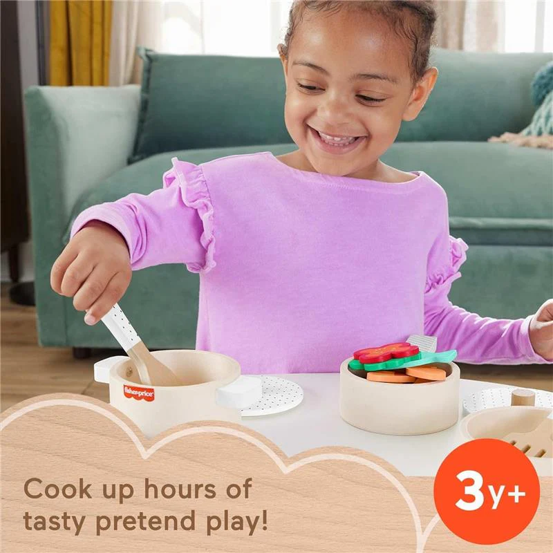 Fisher Price - Wood Kitchen Pretend Play Toy Pots & Pans Set - Image 6