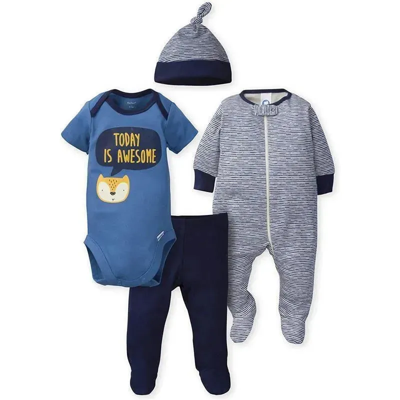 Gerber - 4Pc Set Snap, Bodysuit, Footed Pant & Cap,Fox