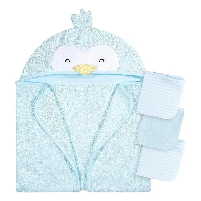 Gerber - Baby Hooded Bath Towel & Washcloths, Penguin