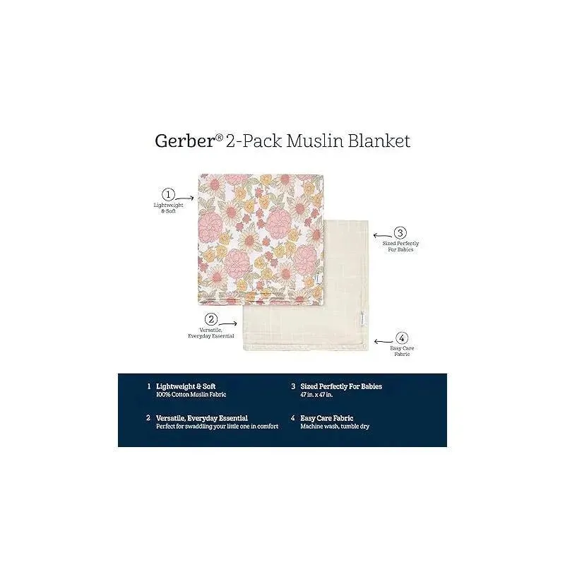 Gerber Bedding - 2Pk Muslins Blanket, Girl Retro Floral - Image 3