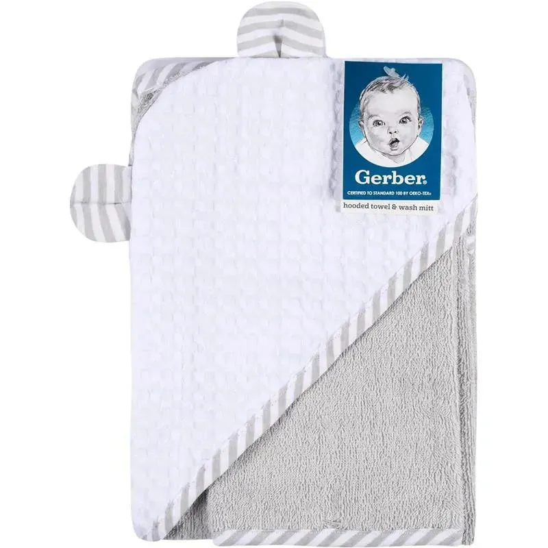 Gerber - Hooded Towel And Washcloth Mitt Set, Boy Bear - Image 2