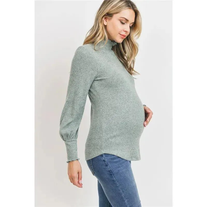 Hello Miz - Brushed Ribbed Hacci Maternity Mock Neck Top, Mint - Image 8