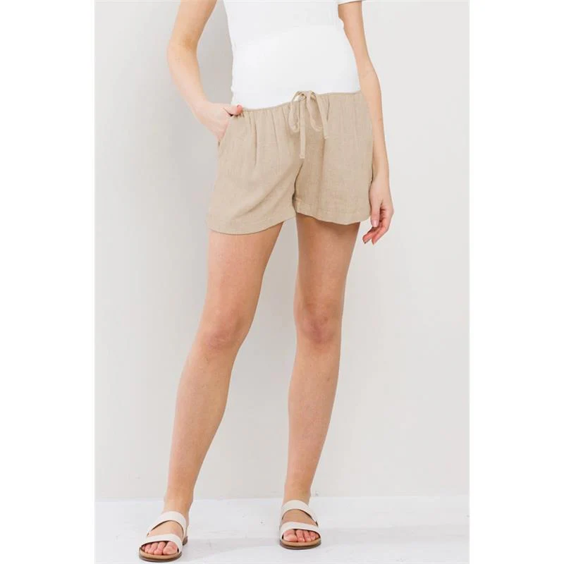 Hello Miz Linen Blend Maternity Shorts with Elastic Band Khaki