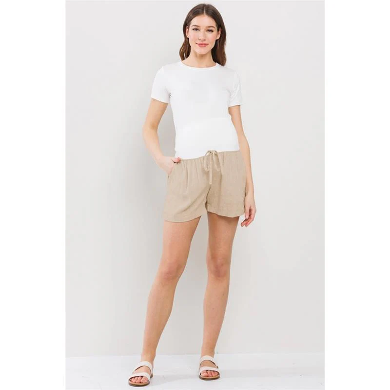 Hello Miz Linen Blend Maternity Shorts with Elastic Band Khaki - Image 4
