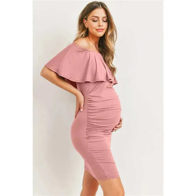Hello Miz - Off Shoulder Ruffled Maternity Mini Dress, Mauve - Image 3