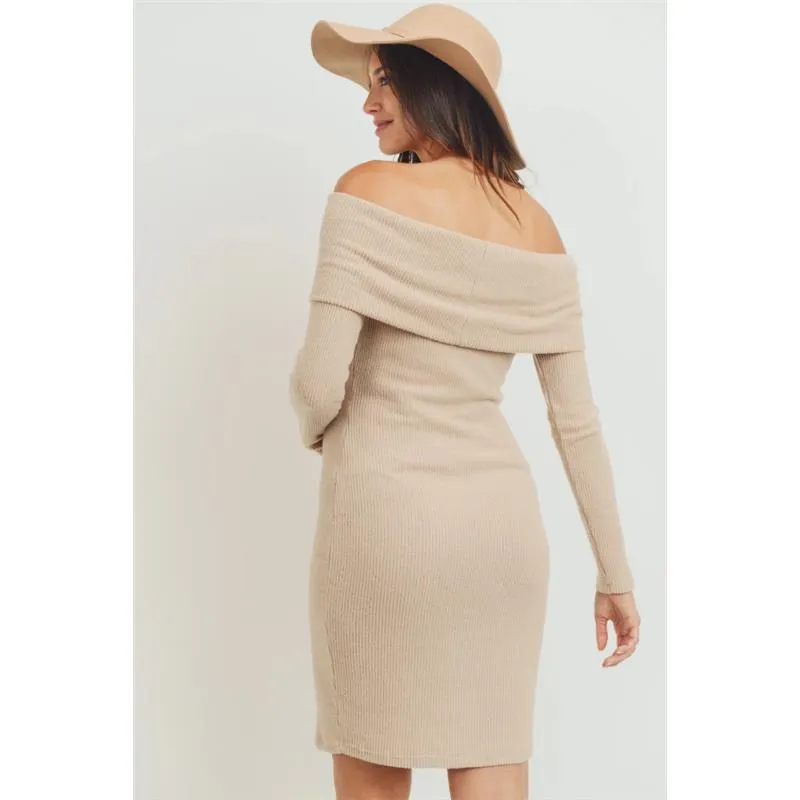 Hello Miz - Ribbed Off The Shoulder Bodycon Maternity Dress, Sand - Image 2