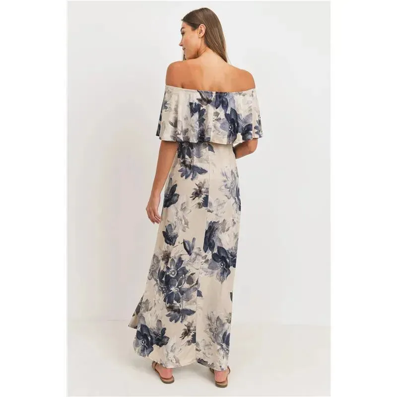 Hello Miz - Ruffle Off The Shoulder Maxi Maternity Dress, Taupe - Image 3