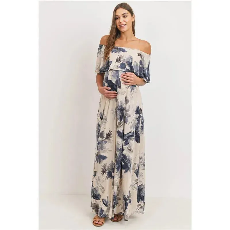 Hello Miz - Ruffle Off The Shoulder Maxi Maternity Dress, Taupe - Image 4