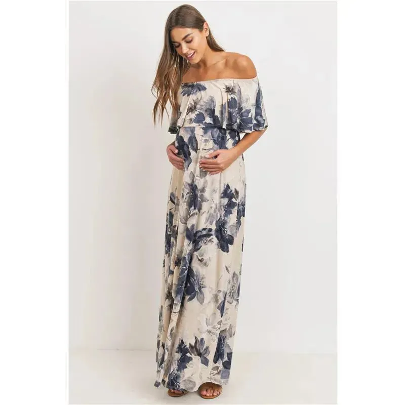 Hello Miz - Ruffle Off The Shoulder Maxi Maternity Dress, Taupe - Image 5
