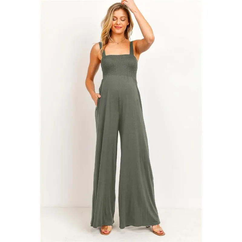 Hello Miz - Sleeveless Smocked Maternity Wideleg Jumpsuit, Olive