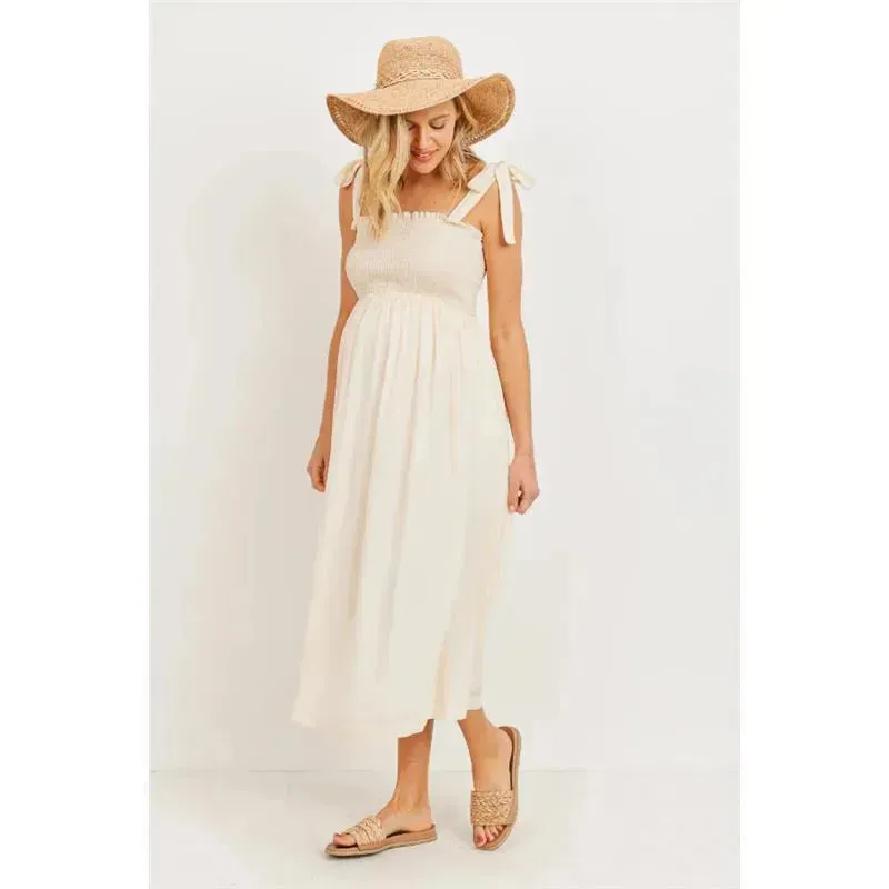 Hello Miz - Smocked Tie-Shoulder Maternity Midi Dress, Oatmeal - Image 3