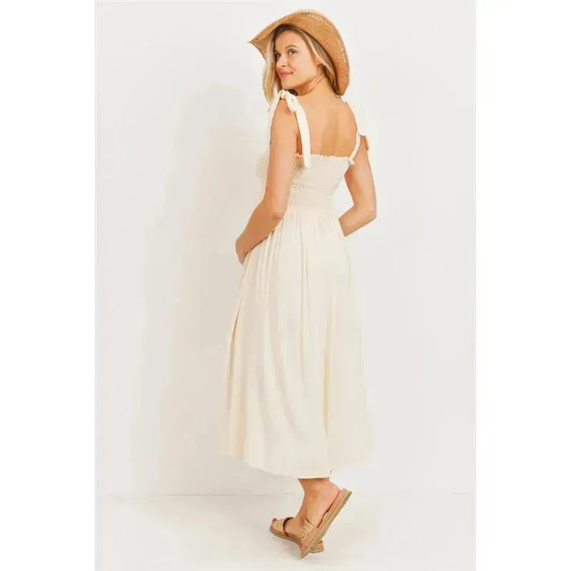 Hello Miz - Smocked Tie-Shoulder Maternity Midi Dress, Oatmeal - Image 4