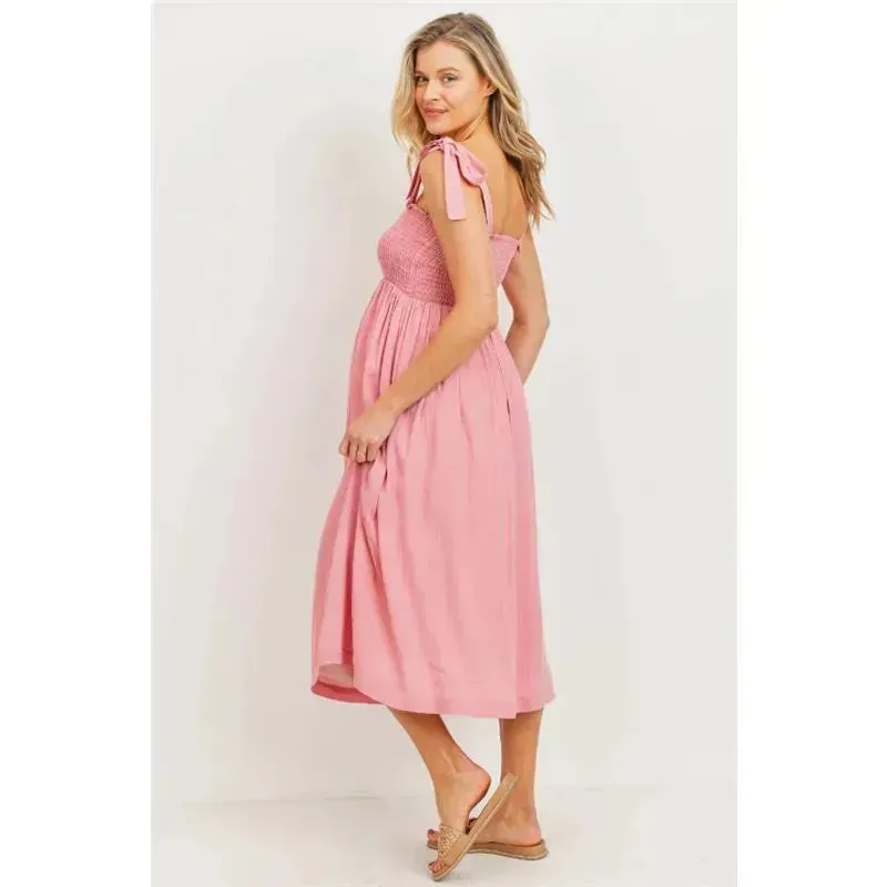 Hello Miz - Smocked Tie-Shoulder Maternity Midi Dress, Pink - Image 3