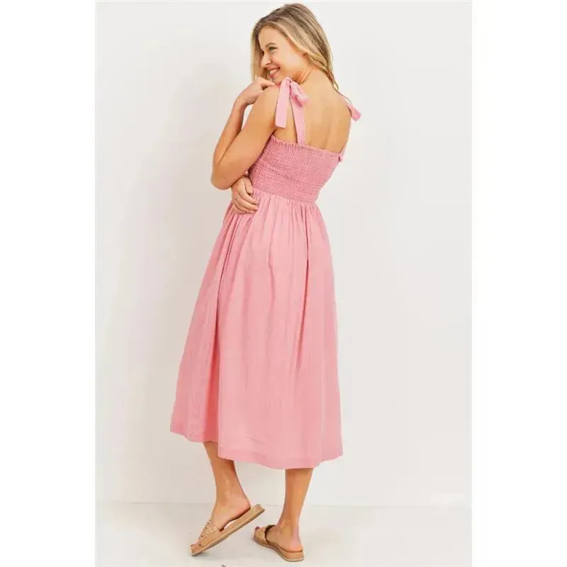 Hello Miz - Smocked Tie-Shoulder Maternity Midi Dress, Pink - Image 4