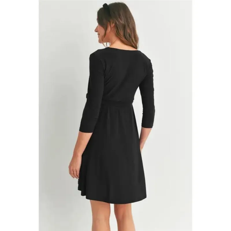 Hello Miz - Surplice Quarter Sleeve Nursing Waist Tie Dress, Black - Image 2