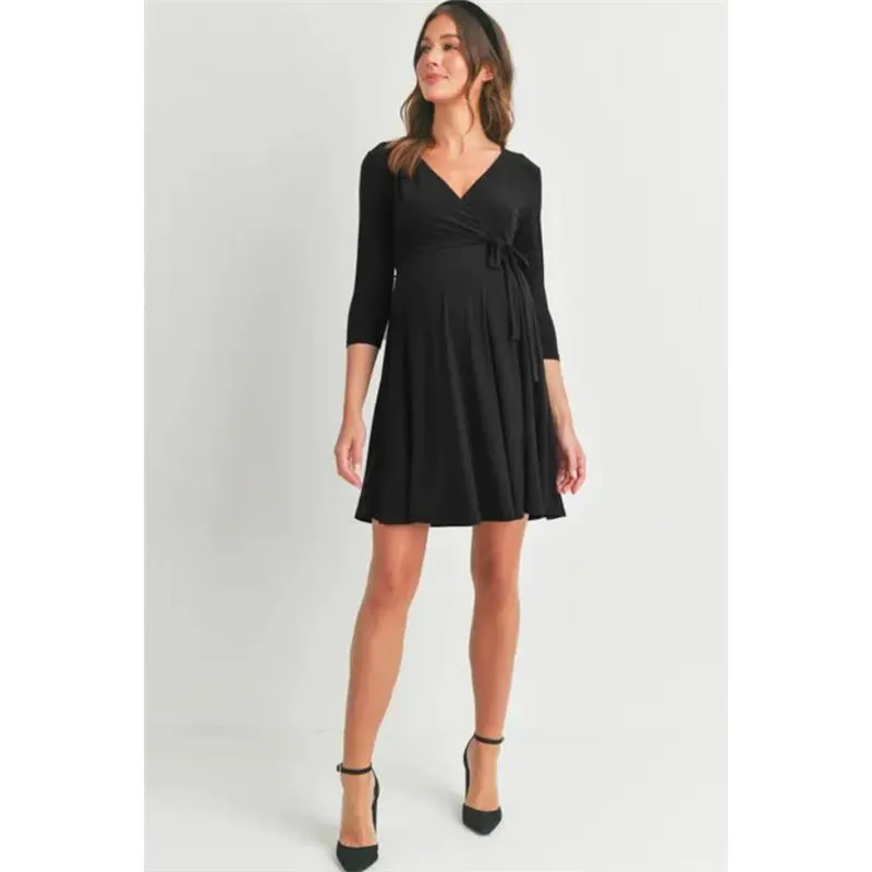 Hello Miz - Surplice Quarter Sleeve Nursing Waist Tie Dress, Black - Image 3