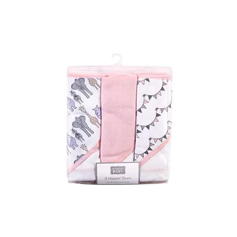 Hudson Baby - 3Pk Pink Safari Baby Cotton Rich Hooded Towels - Image 2