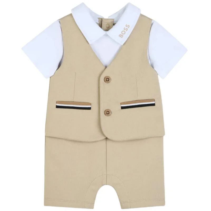 Hugo Boss Baby - 3-In-1 Jumpsuit+ Polo Shirt+ Sleeveless Jacket Shorts Stone