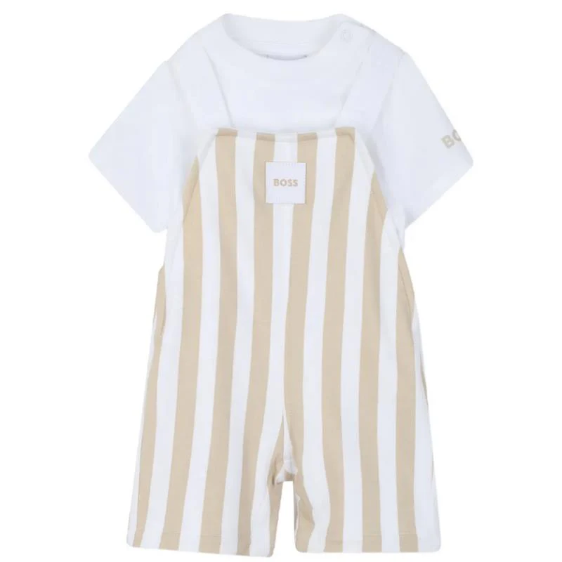 Hugo Boss Baby Infant Striped Overall & Tshirt Set, Stone