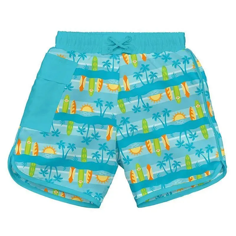 Iplay Pocket Board Shorts W/Built-In Swim Diaper - Aqua Surfboard Sunset
