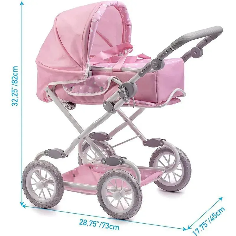 JC Toys - Berenguer Boutique, Deluxe Foldable Baby Doll Stroller with Canopy, Pink - Image 4