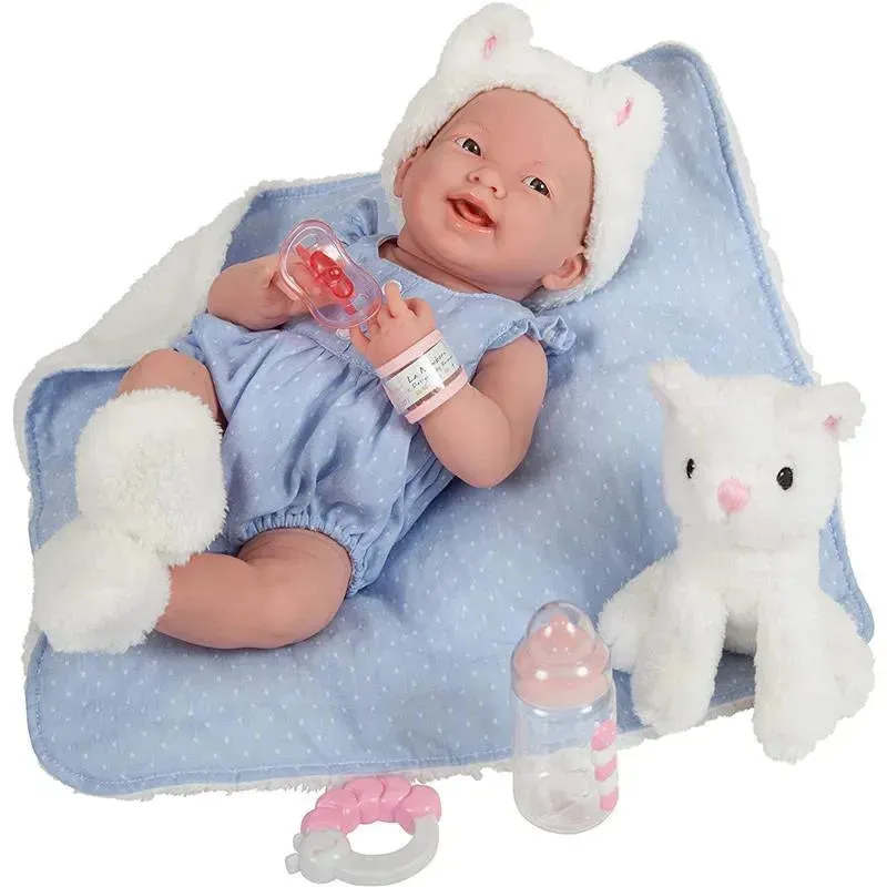 Jc Toys La Newborn 15 All Vinyl In Blue Onesie/White Cat Theme With Animal Friend - Image 3