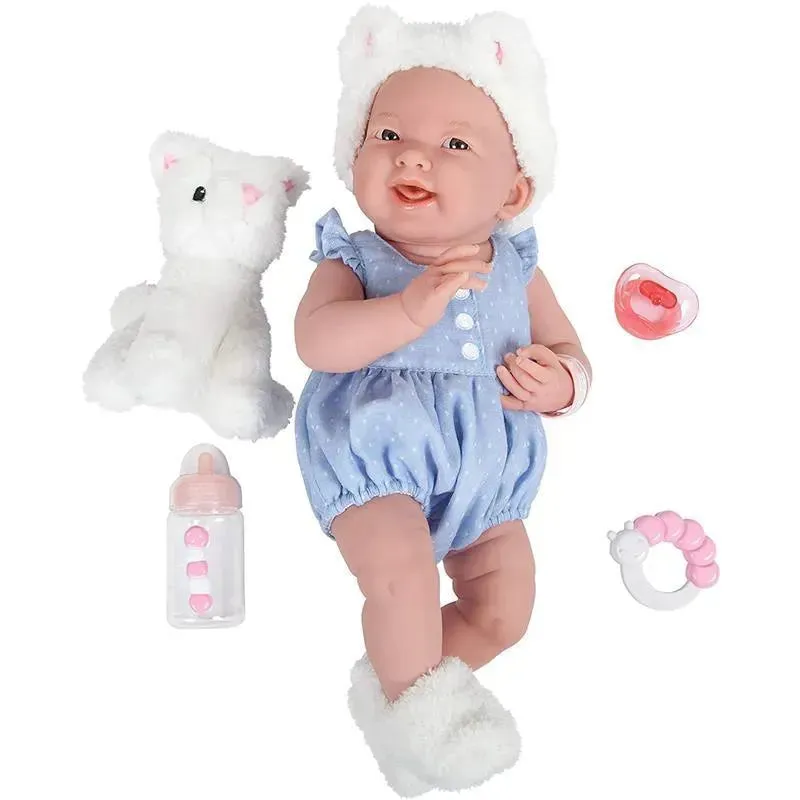 Jc Toys La Newborn 15 All Vinyl In Blue Onesie/White Cat Theme With Animal Friend - Image 5