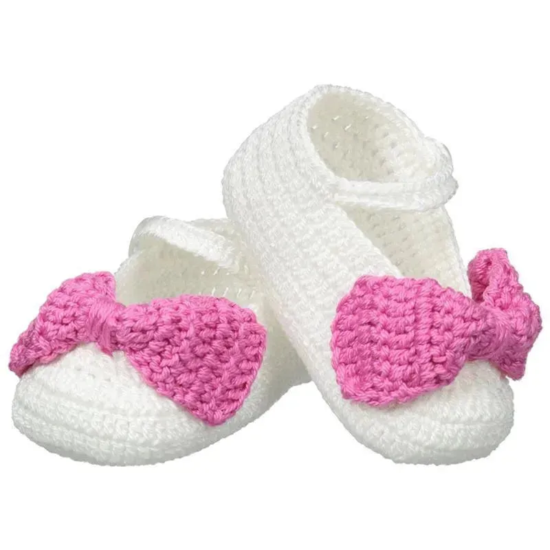Jefferies Socks Baby-Girls Newborn Mary Jane Bow Crochet Bootie, White/Bubblegum
