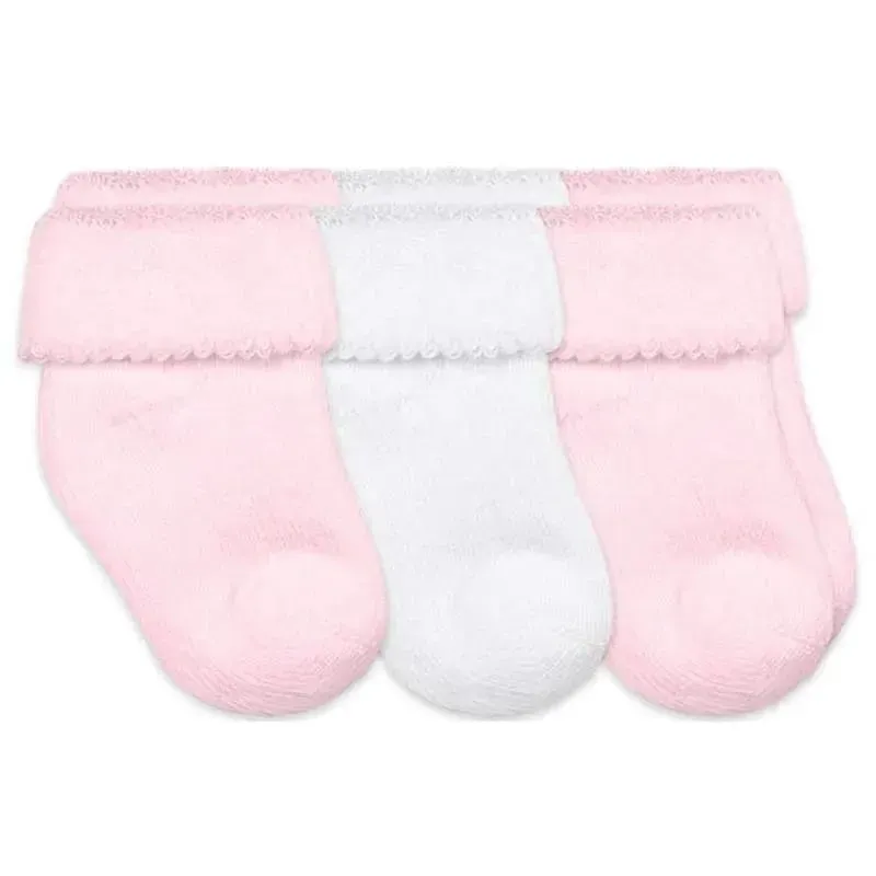 Jefferies Socks - Turn Cuff Terry Socks 3 Pk, Pink/White 0-4