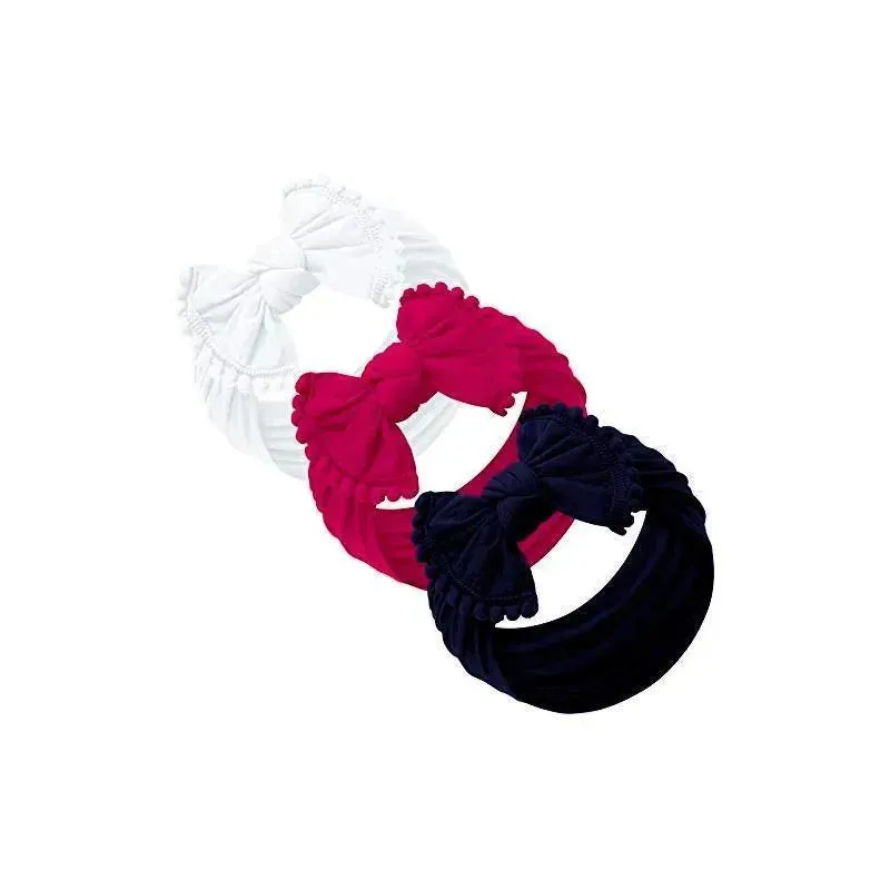 Jlika - Thick Nylon Pompom Bow 3 Headbands - White/Hot Pink/Navy