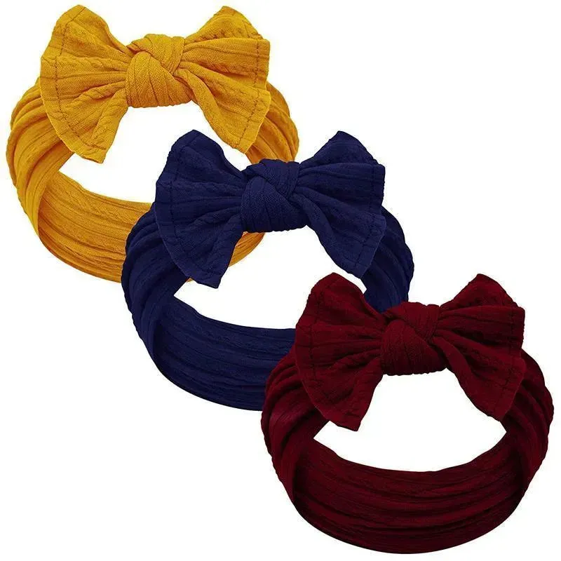 Jlika - Thick Nylon Texture Bow 3 Headbands, Mustard/Navy/Burgundy
