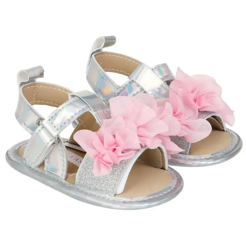 Josmo - Laura Ashley Crib Shoes Girl Sandal Silver With Pink Flower