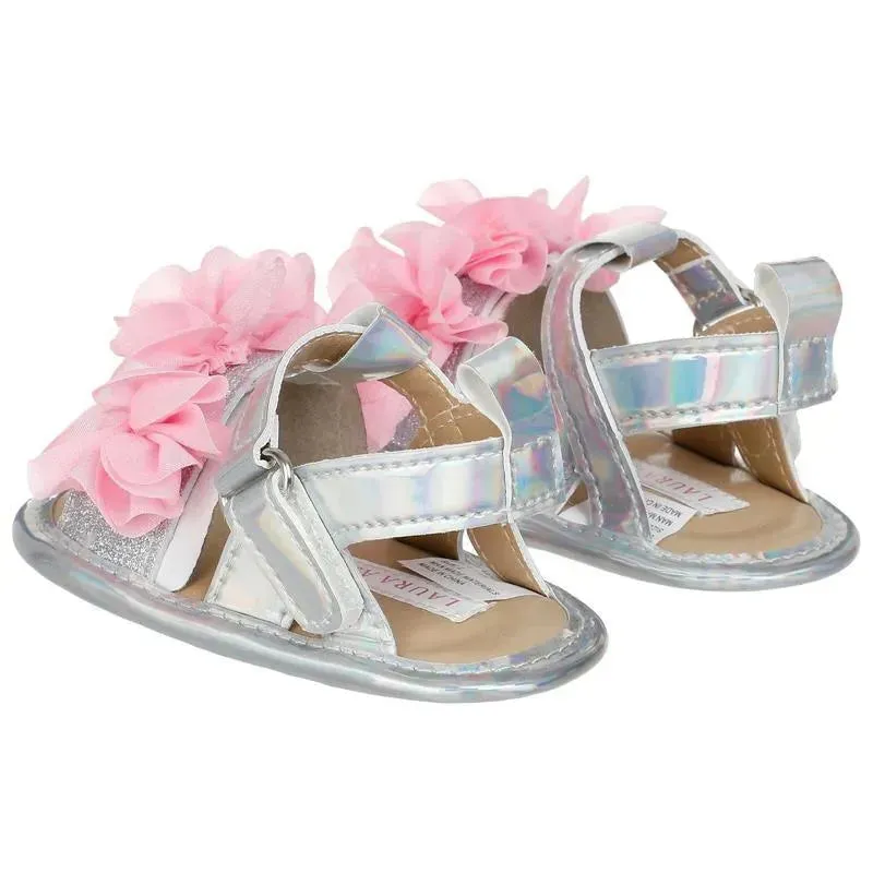 Josmo - Laura Ashley Crib Shoes Girl Sandal Silver With Pink Flower - Image 2